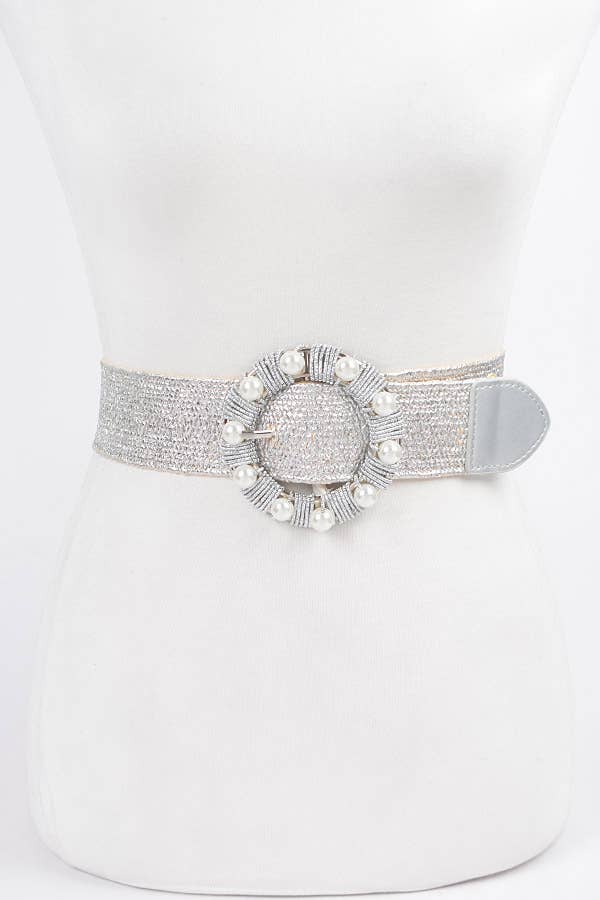Metallic Stretch Belt w/Pearl Metal Bucklt