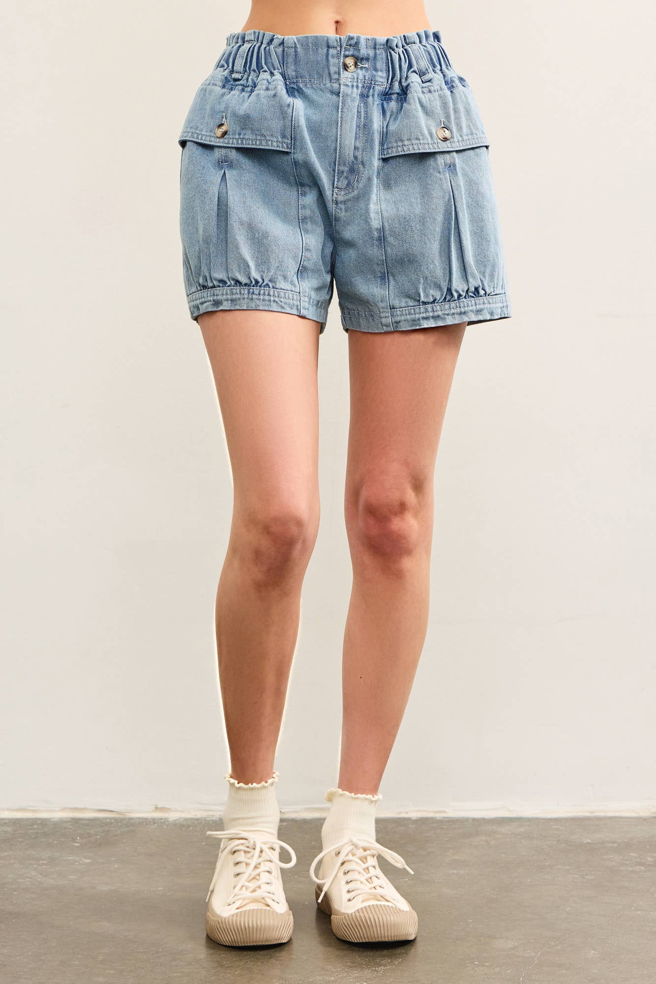 Pleated Pocket Denim Shorts