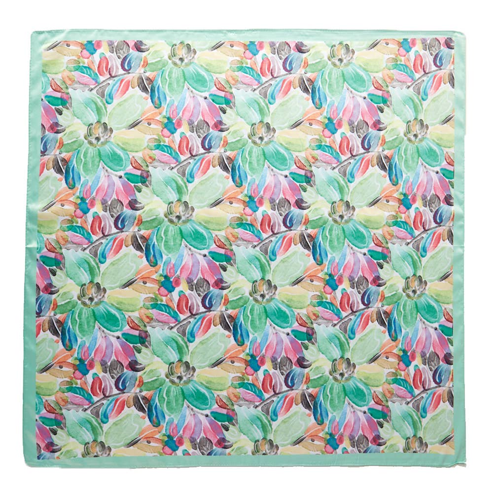 Watercolor Floral Printed Square Silky Satin Bandana Scarf