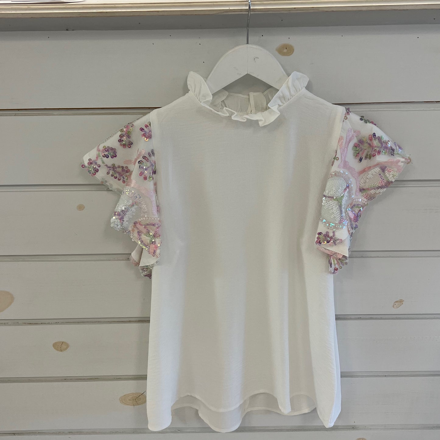 She & Sky white blouse sequin sleeve