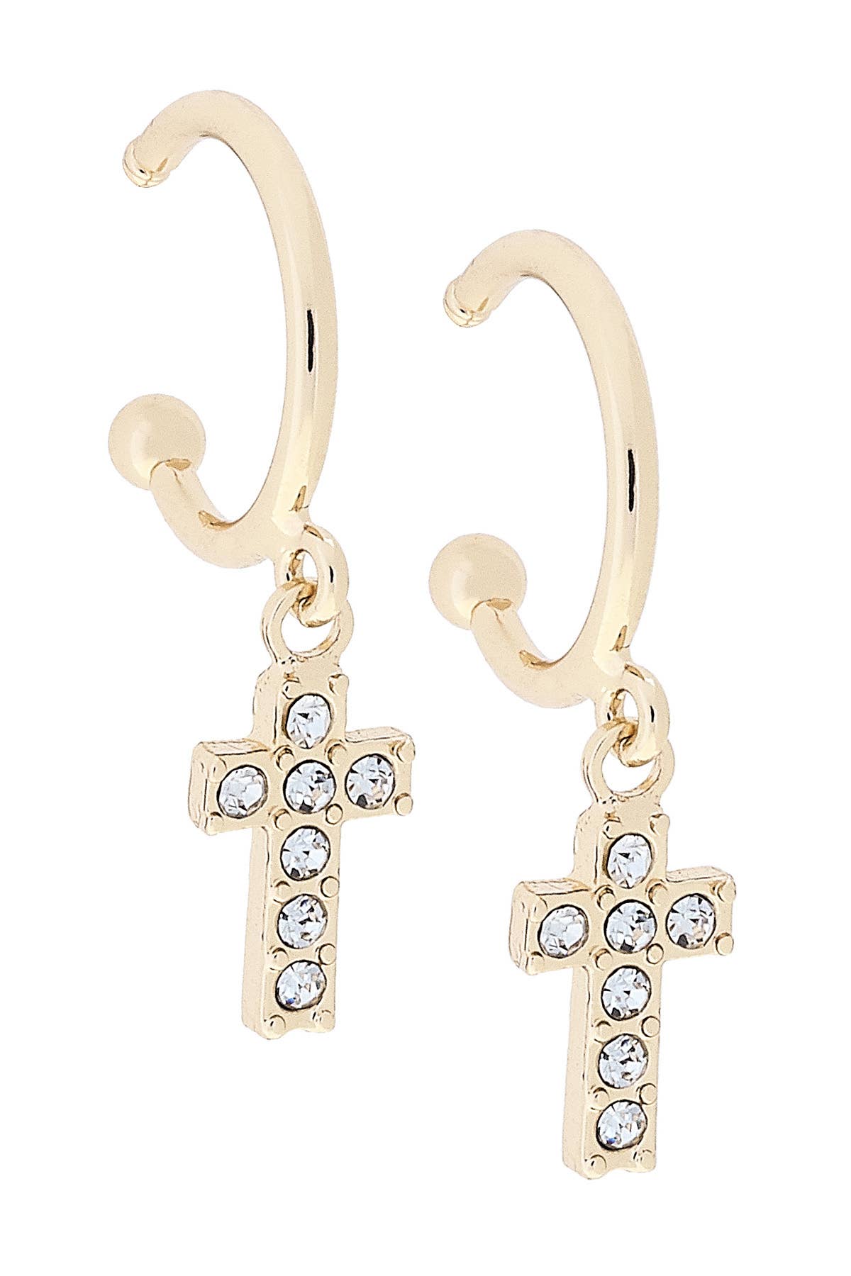 Mabel Pave Cross Drop Hoop Earrings in Shiny Gold