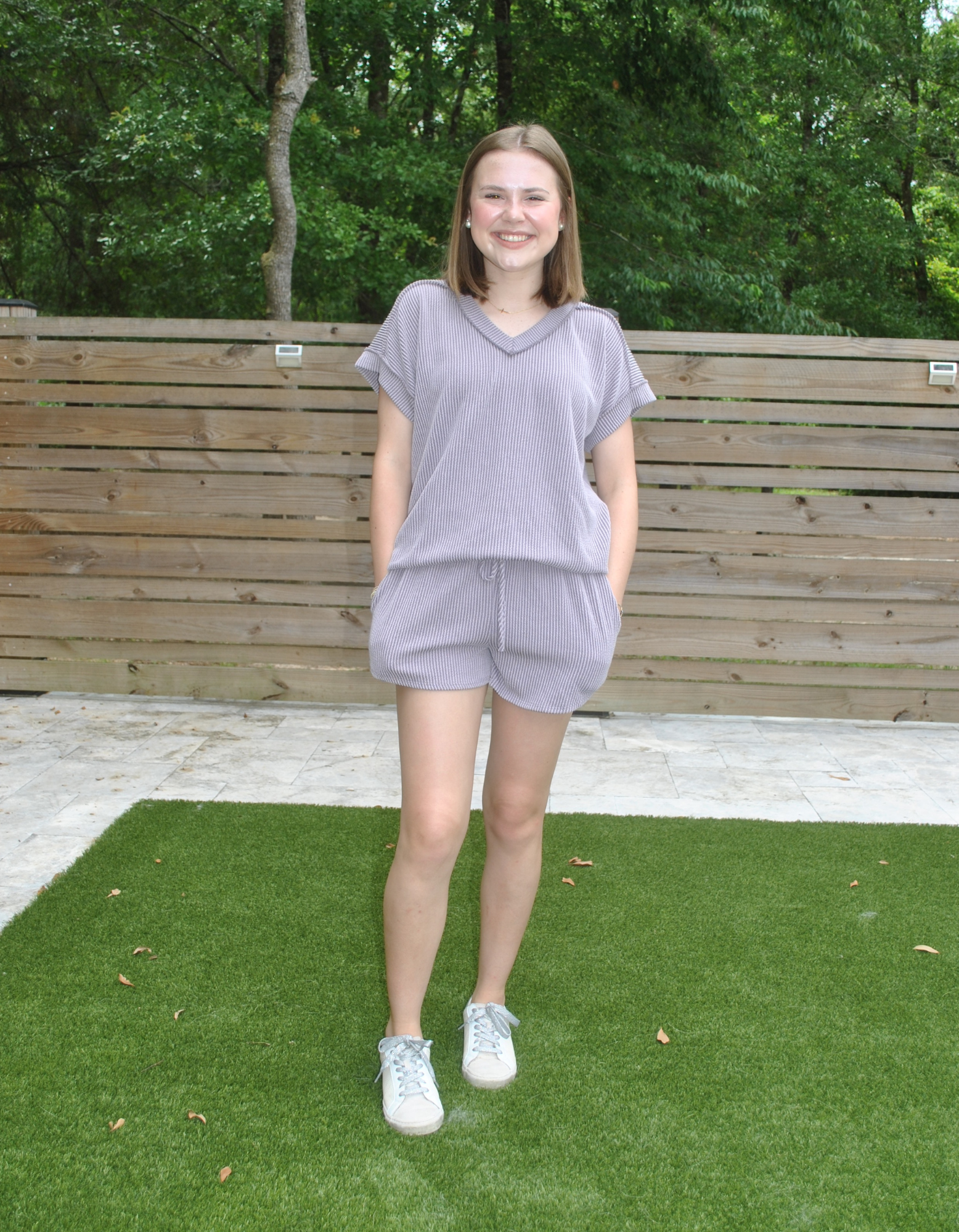 Purple top and shorts