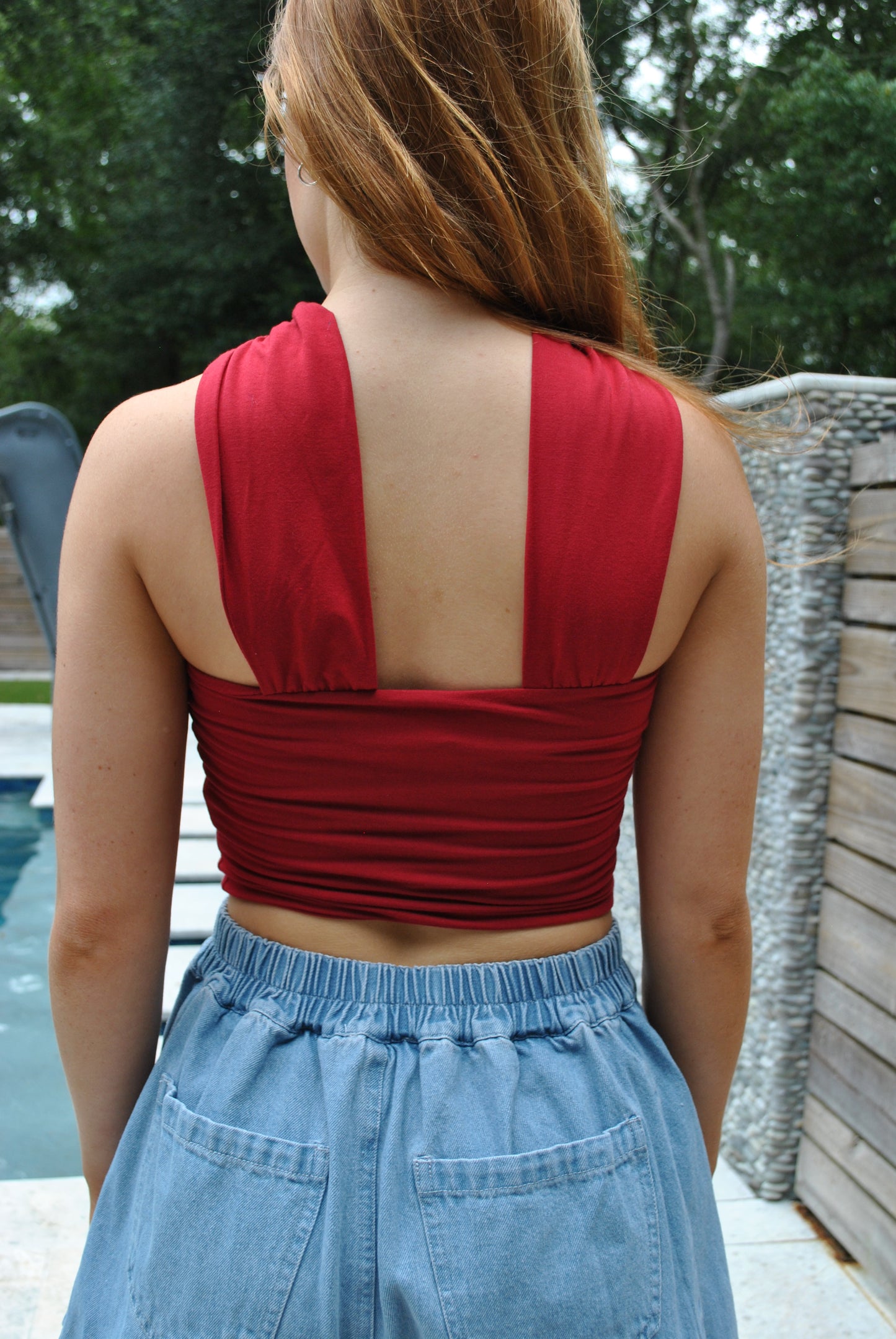 Back view of red tube top