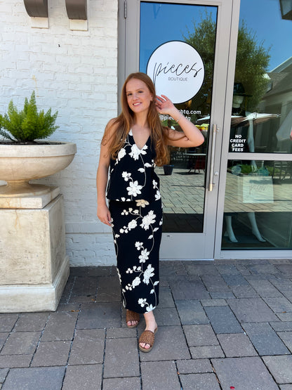 black & white floral halter top with skirt