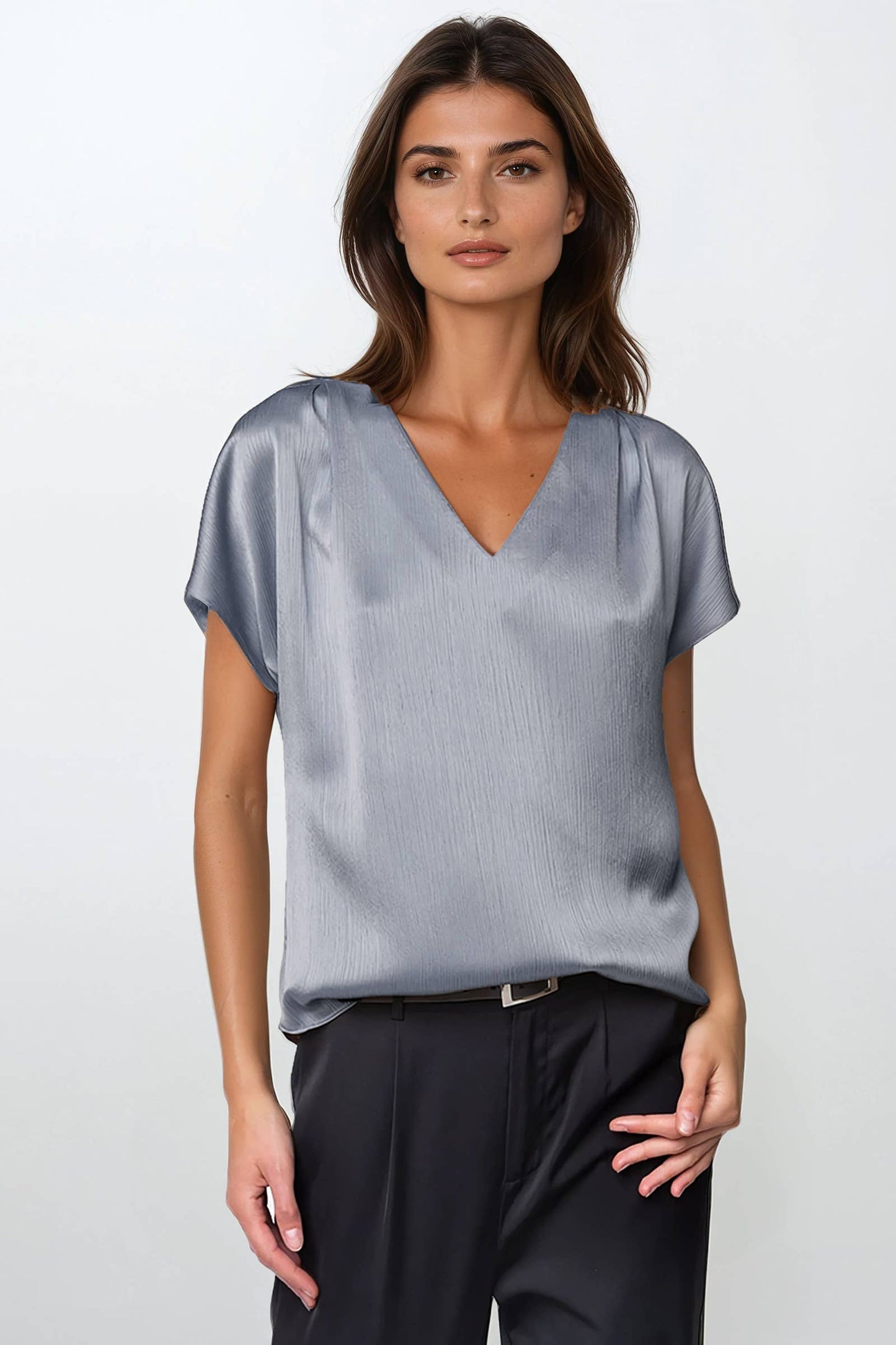 Pleated Cap Sleeve Blouse in Crinkle Satin