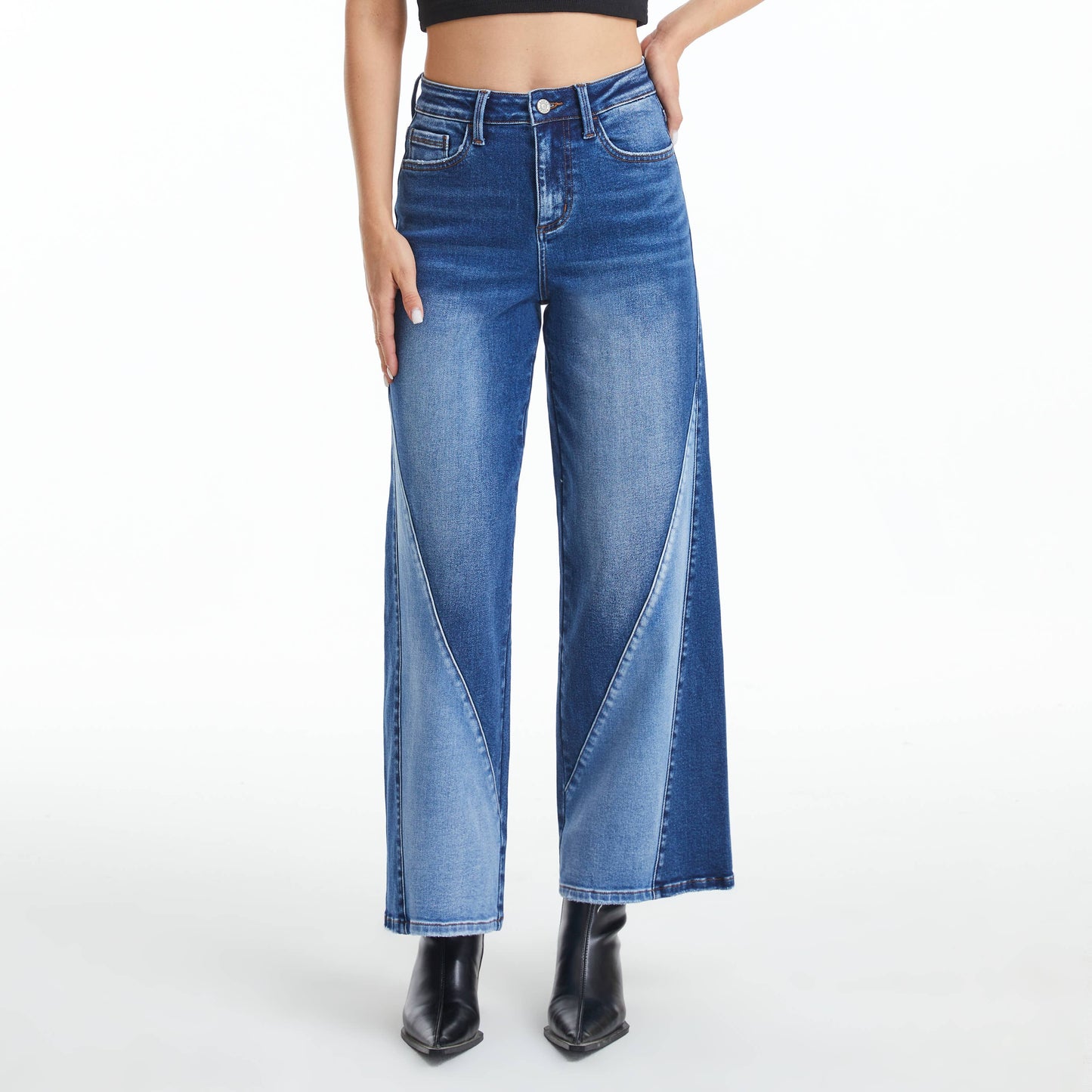 High Rise Two Tone Wide Leg Jeans