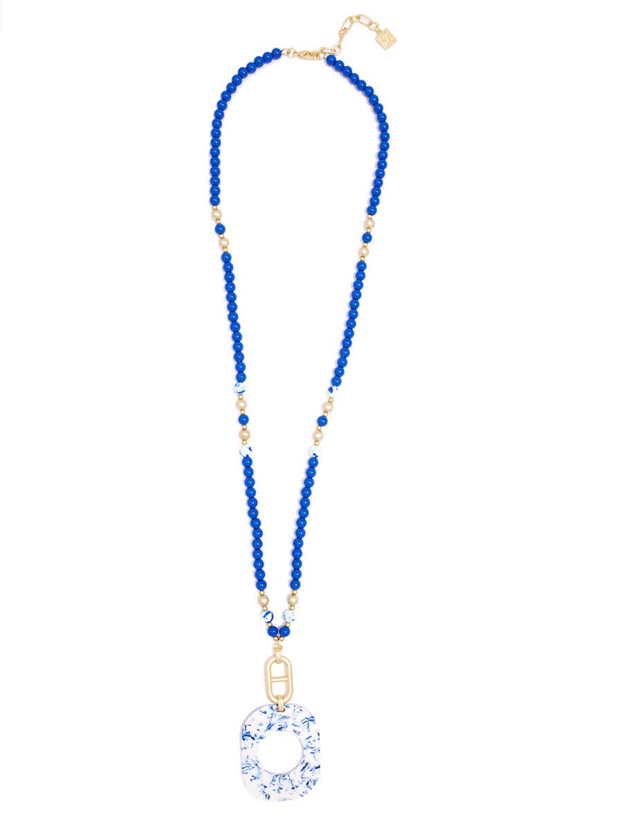 Zenzii Emblem Charm And Porcelain Pattern Acetate Pendant Necklace