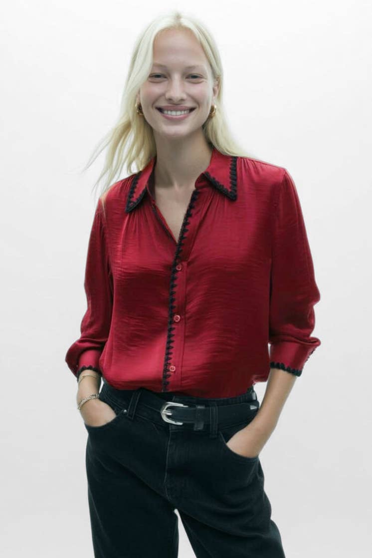 Blanket-stitch Silky Button-up Blouse