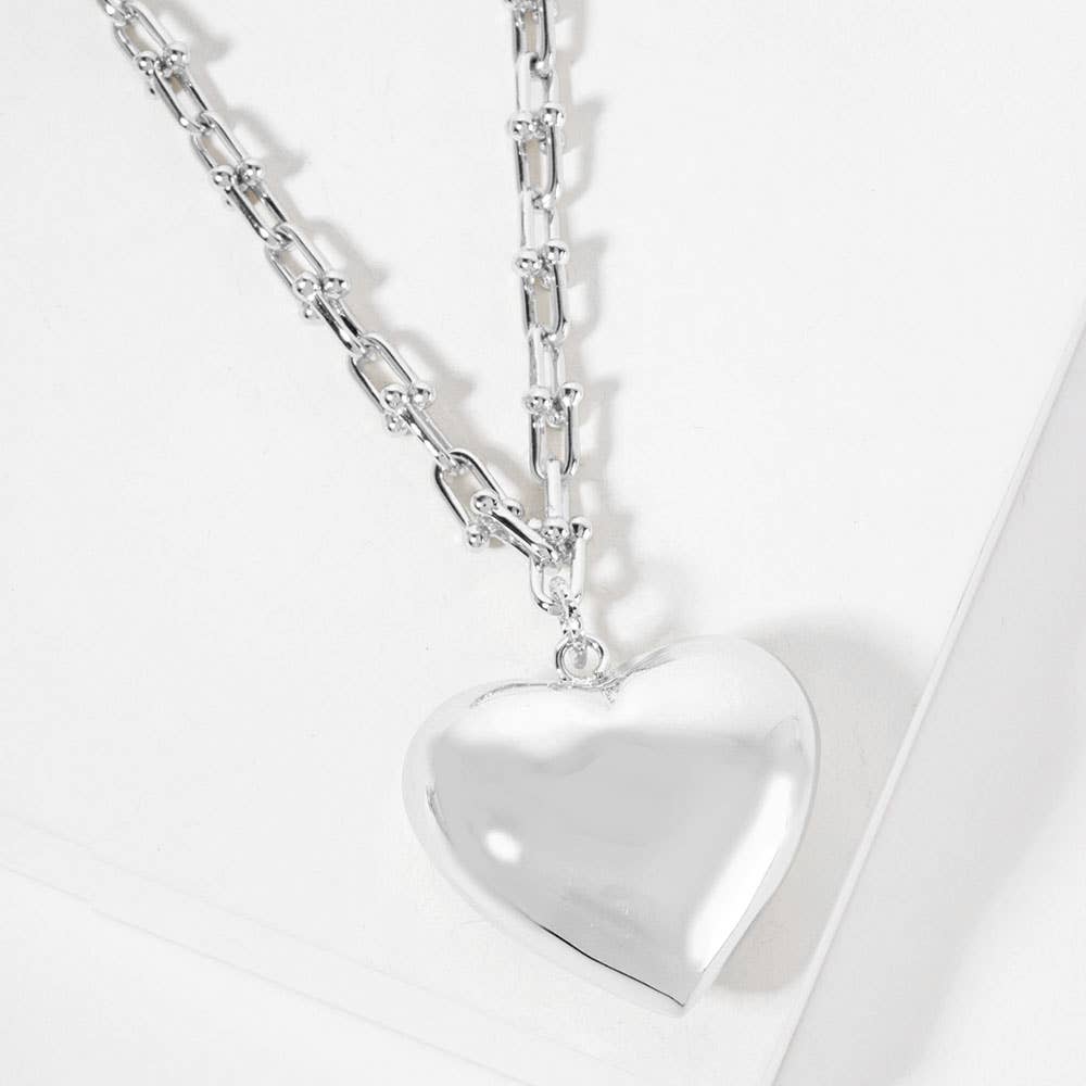 Gold Dipped Bold Puffy Heart Pendant Industrial Chain Necklace