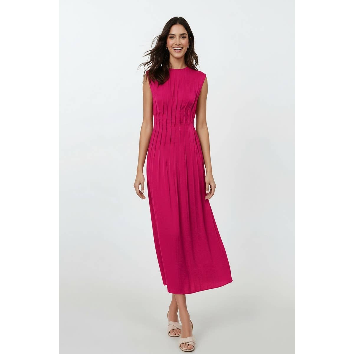 Silky Pleated Waistline Midi Dress