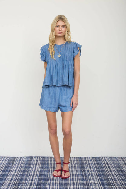 PINTUCK DETAIL RUFFLE SLEEVE DENIM TOP