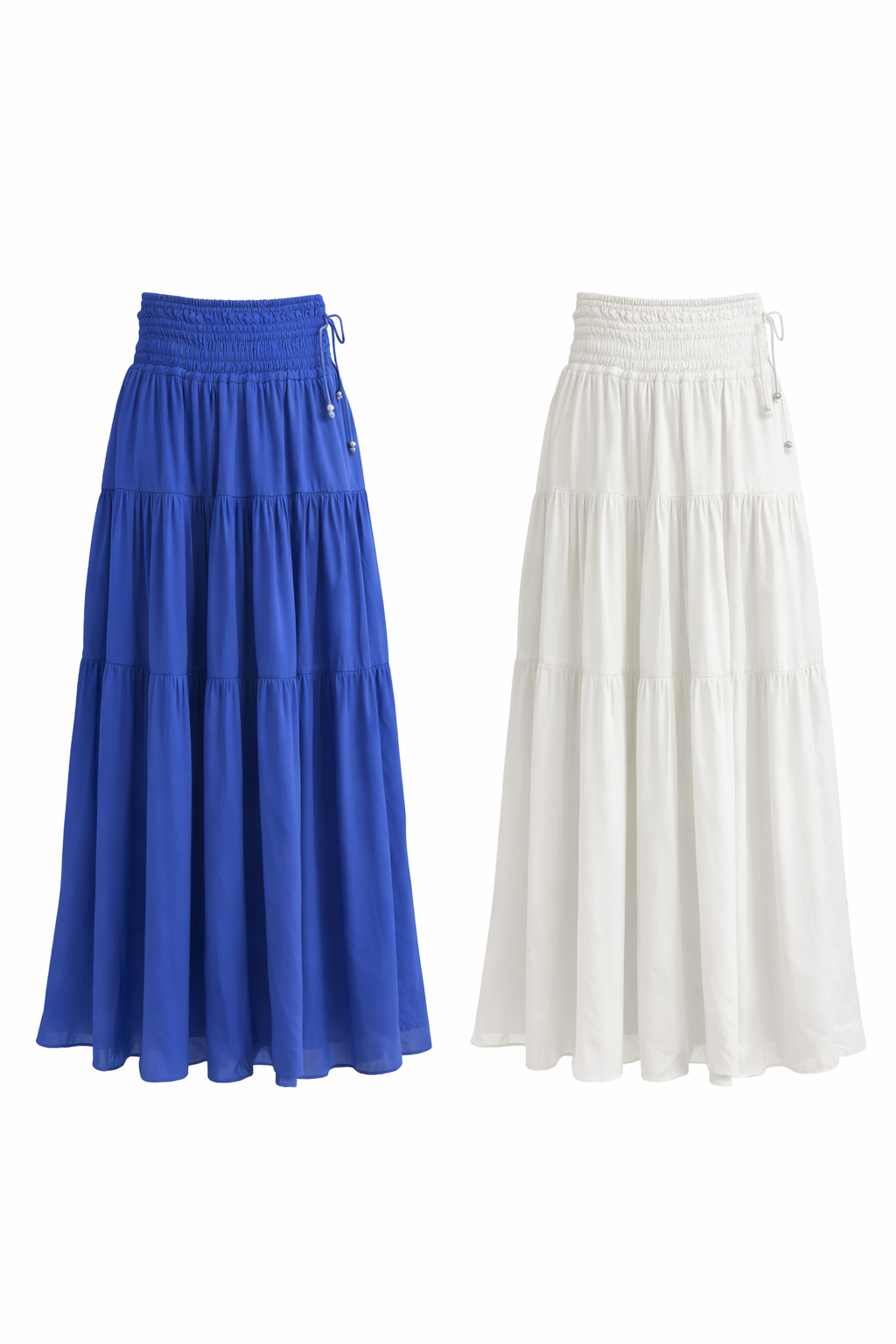 blue maxi skirt and white maxi skirt by Elan
