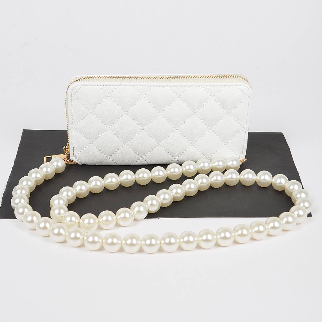 Faux Pearl Long Strap Crossbody Large Wallet
