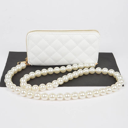 Faux Pearl Long Strap Crossbody Large Wallet