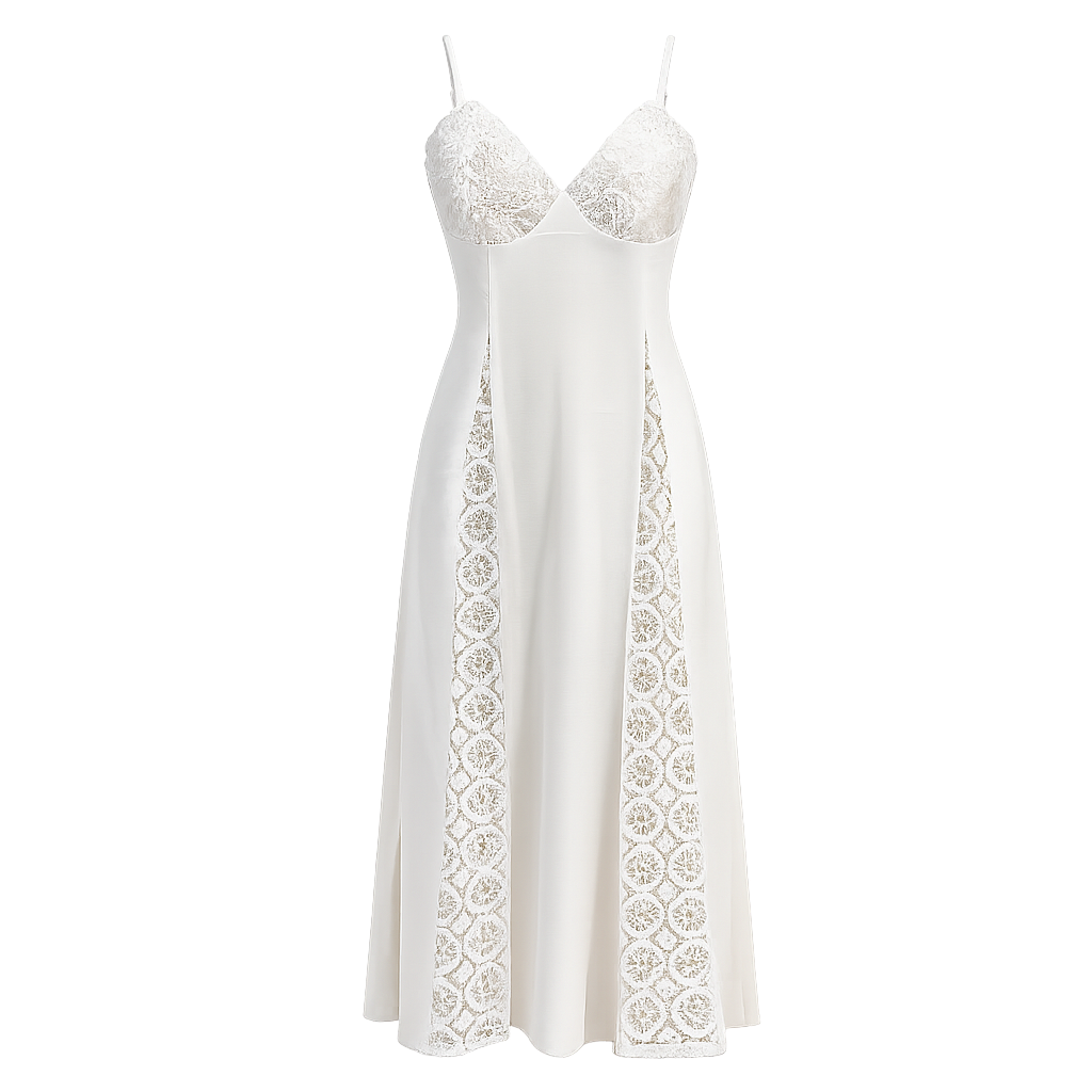 Ivory lace midi dress with adjustable straps and lace panels, perfect for beach bridal shower or engagement photos