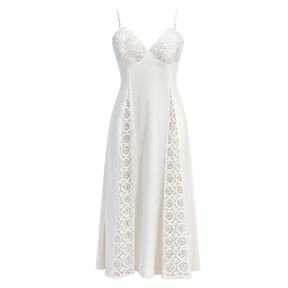 Ivory lace midi dress with adjustable straps and lace panels, perfect for beach bridal shower or engagement photos