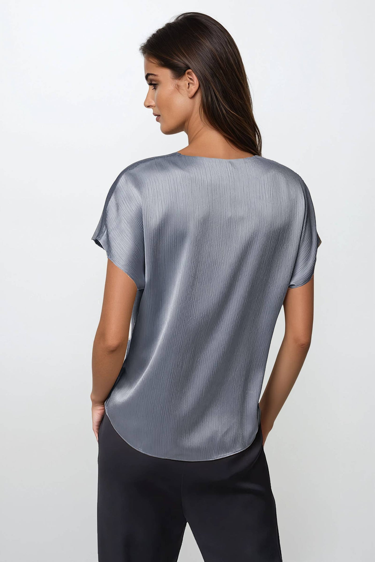 Pleated Cap Sleeve Blouse in Crinkle Satin