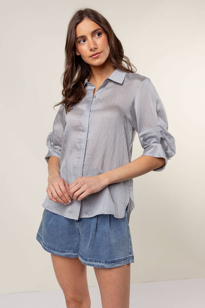 Pepper Pleated Short Sleeve Button-up Blouse
