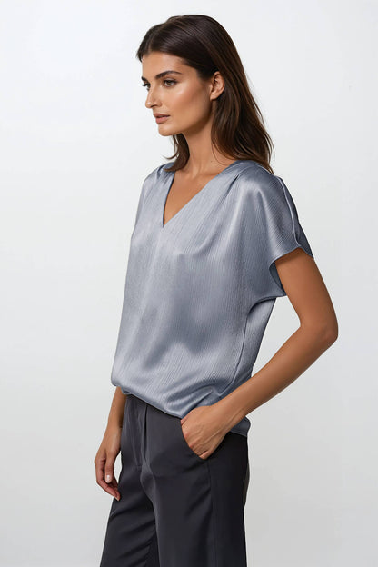 Pleated Cap Sleeve Blouse in Crinkle Satin