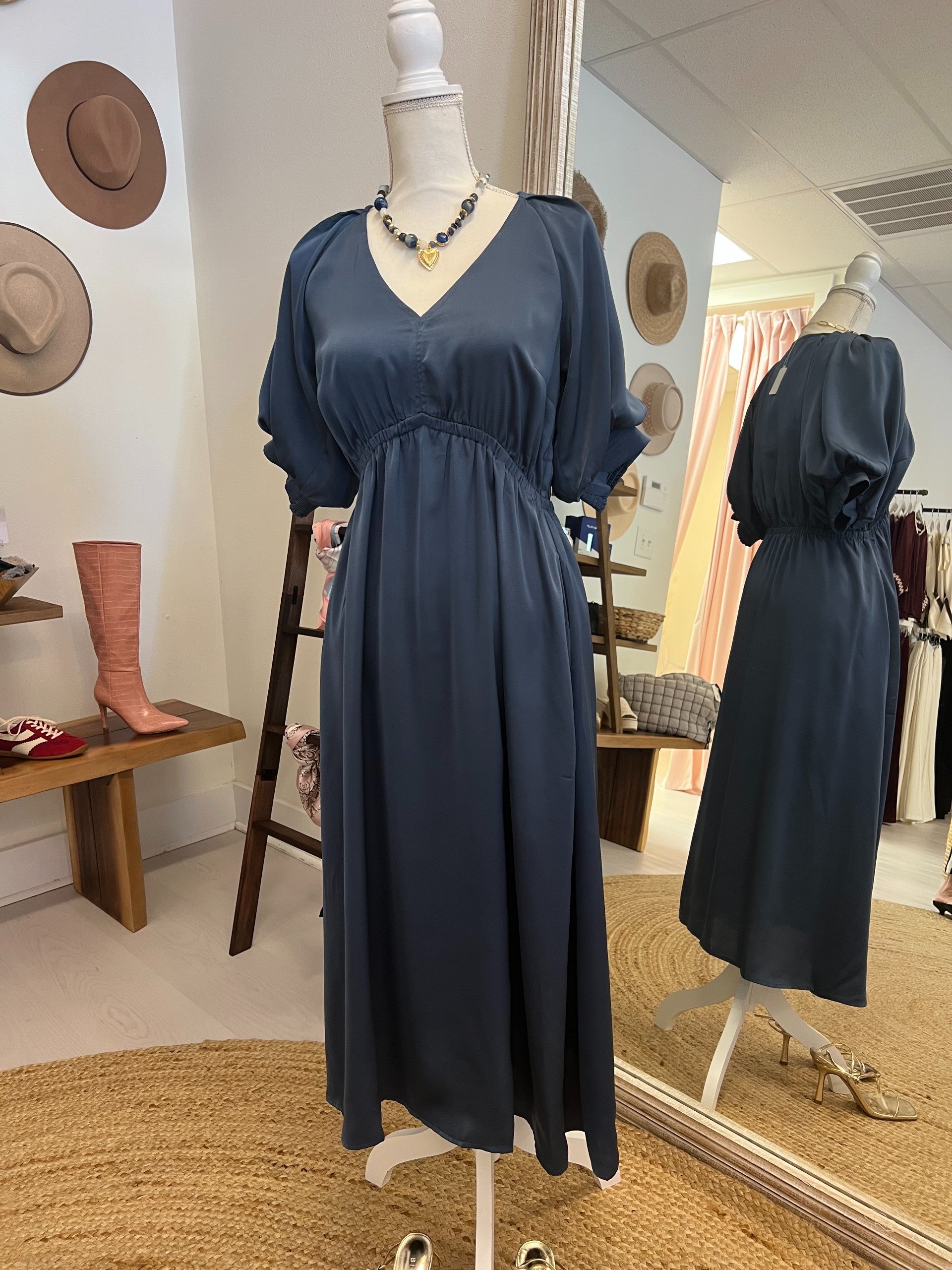 blue satin dress