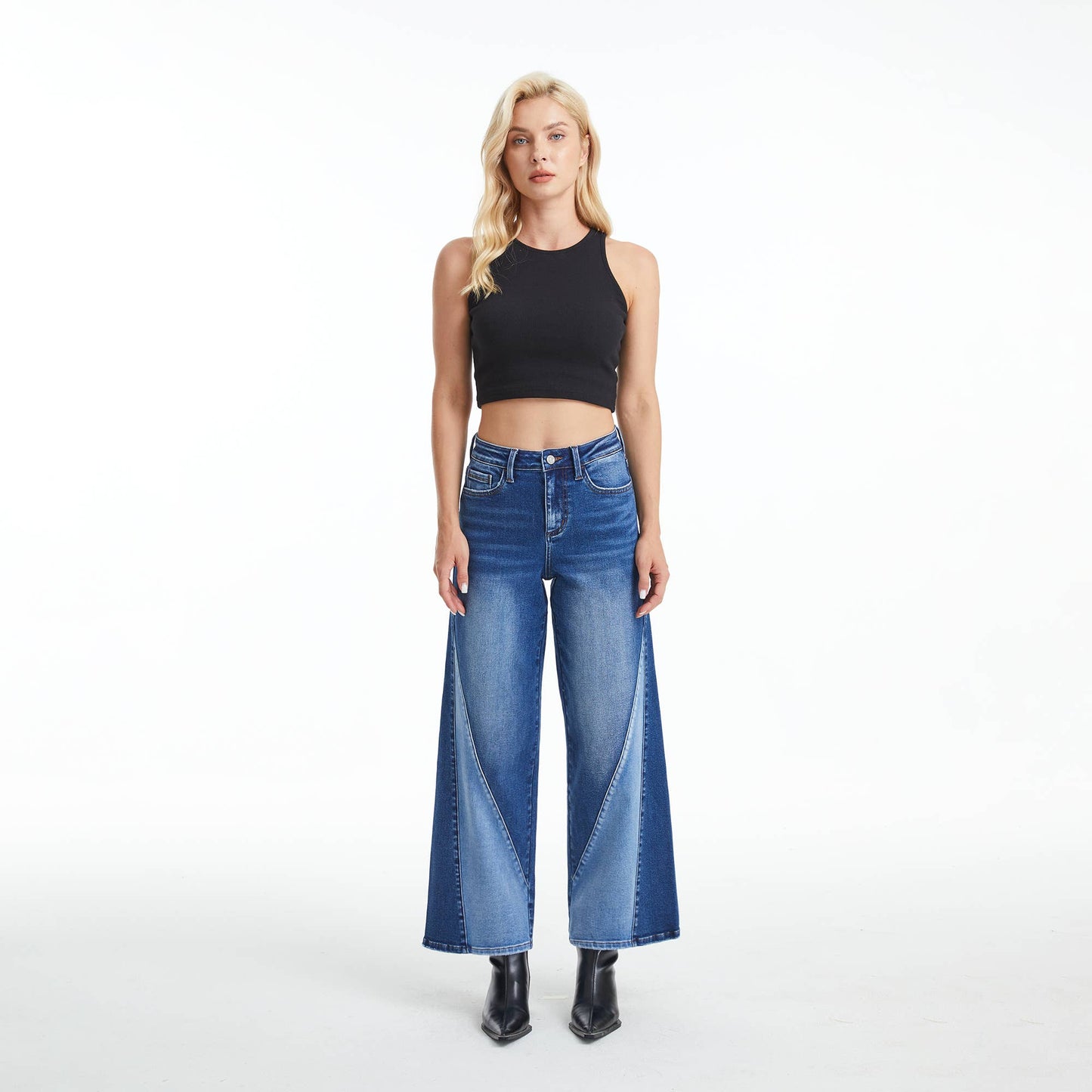 High Rise Two Tone Wide Leg Jeans