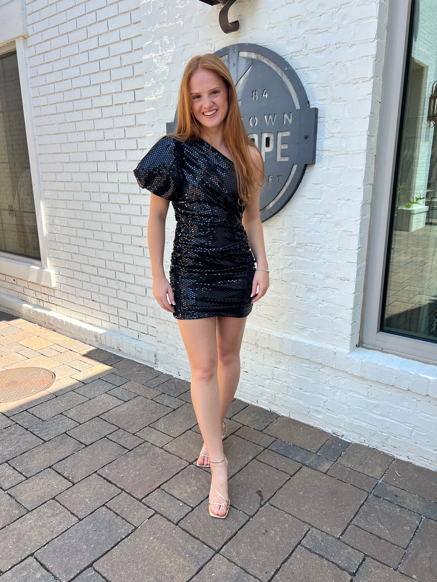 black one shoulder sparkle mini dress