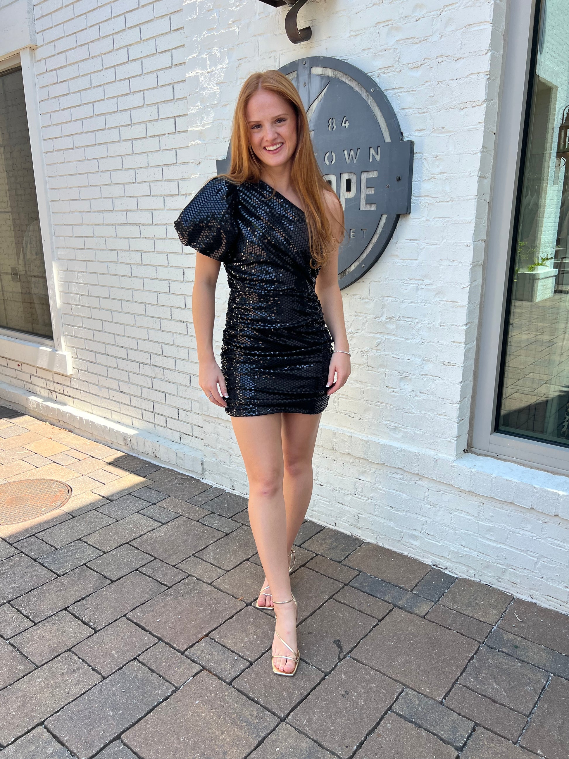 black one shoulder sparkle mini dress
