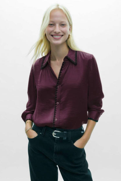 Blanket-stitch Silky Button-up Blouse