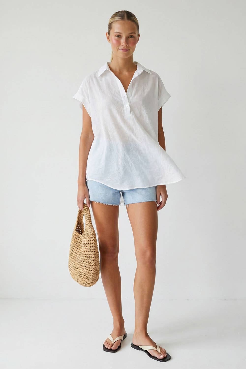 Sheer Cotton Short Sleeve Popover Blouse