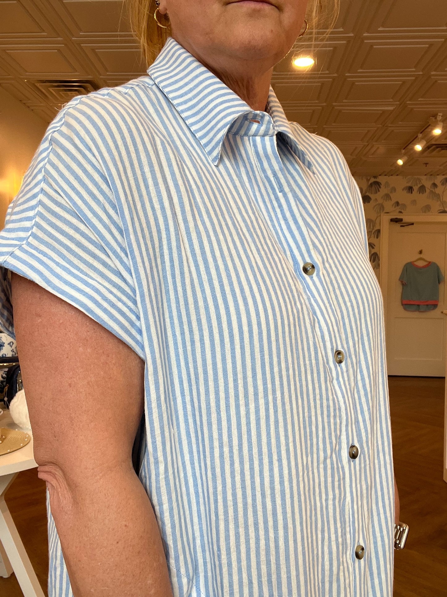 Blue Gauze Stripe Shirt Dress