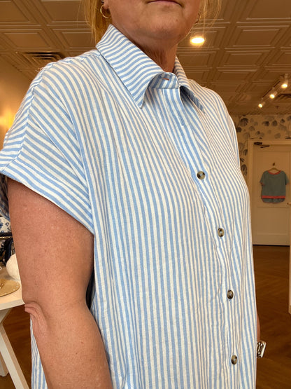 Blue Gauze Stripe Shirt Dress