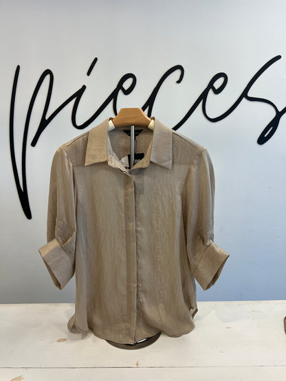 Pepper Pleated Short Sleeve Button-up Blouse