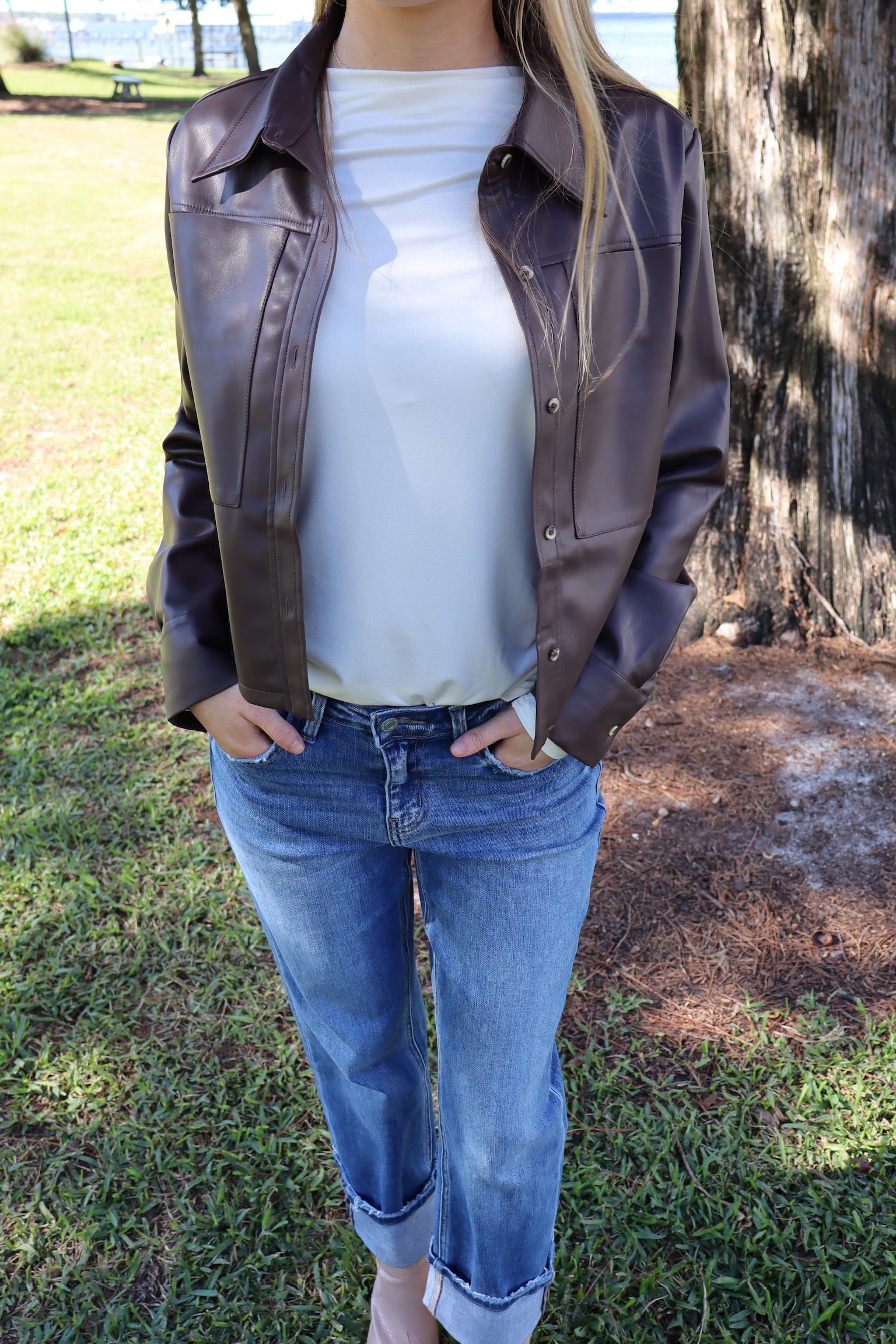 brown faux leather bomber jacket