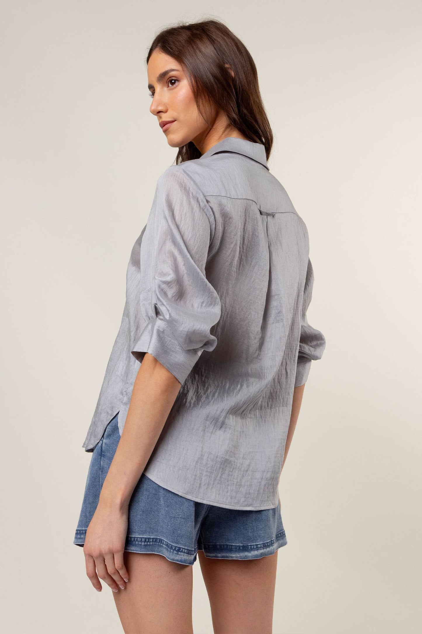 Pepper Pleated Short Sleeve Button-up Blouse