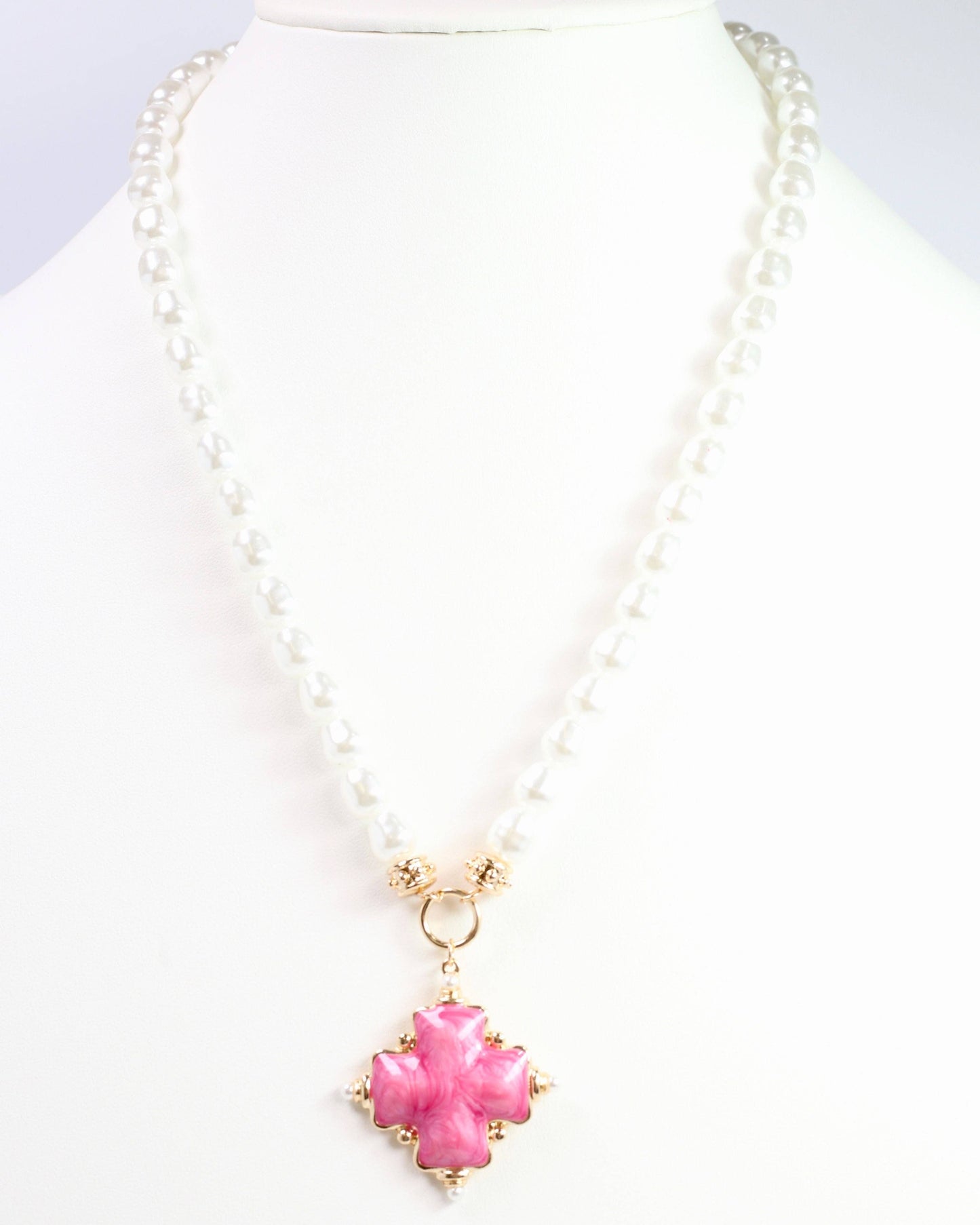 Edie Enamel Cross and Pearl Necklace Pink