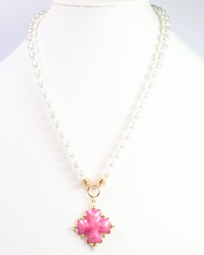 Edie Enamel Cross and Pearl Necklace Pink