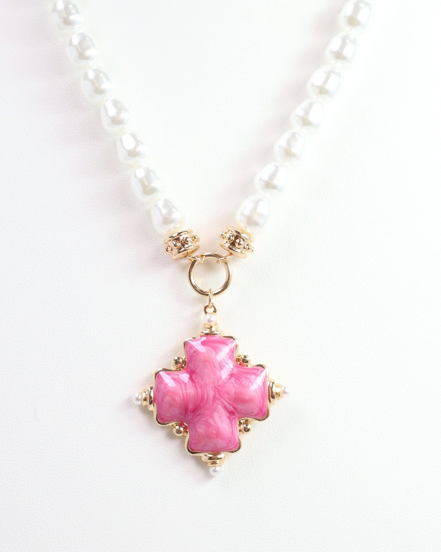 Edie Enamel Cross and Pearl Necklace Pink