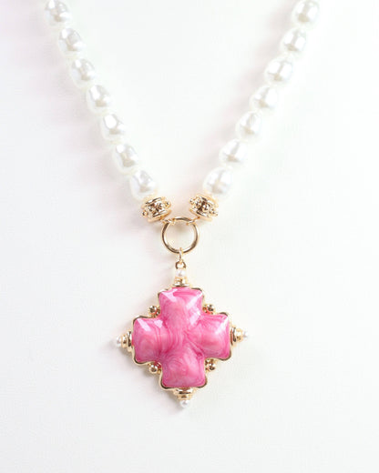 Edie Enamel Cross and Pearl Necklace Pink