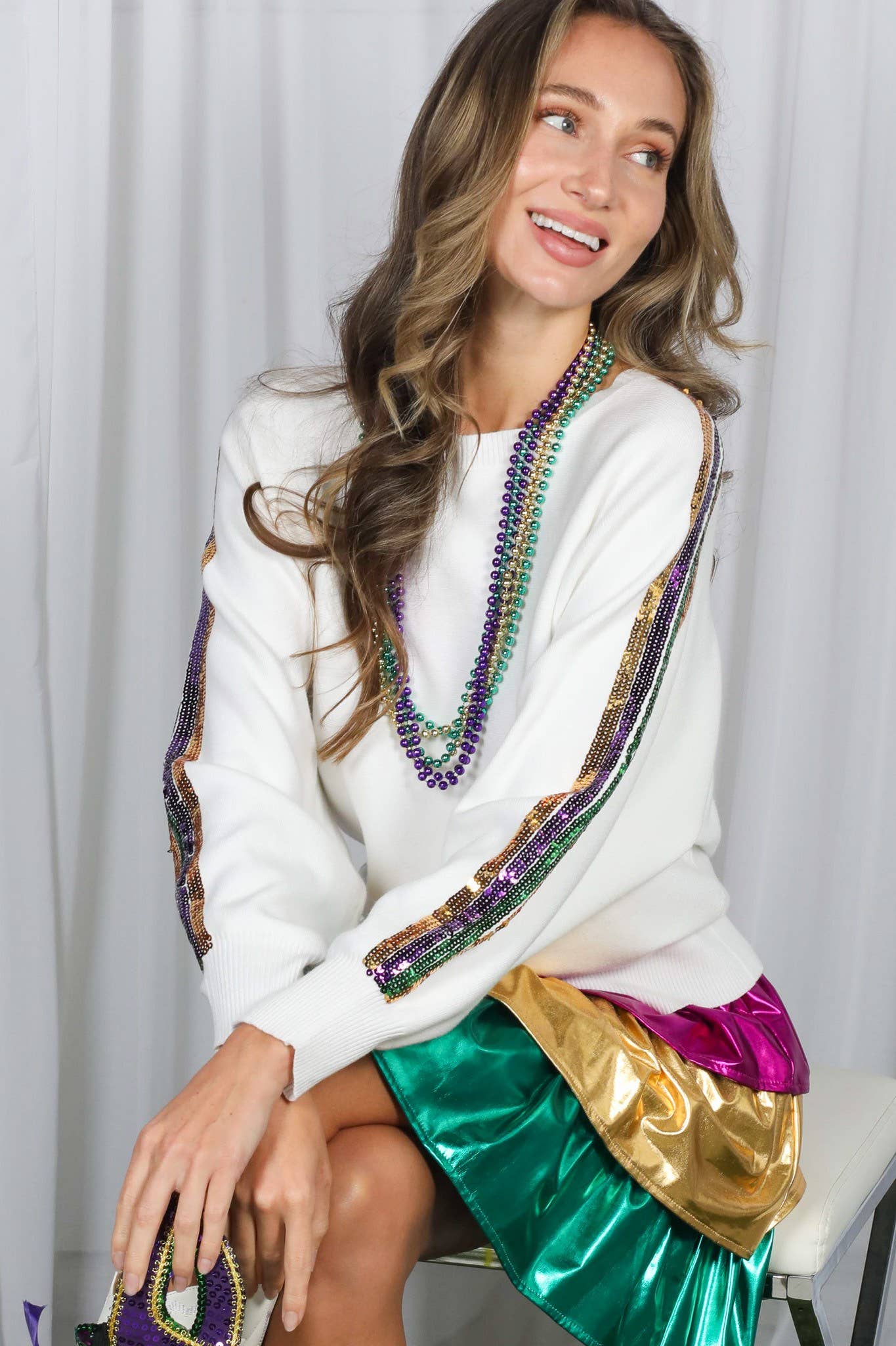 Mardi Gras Crew Neck Sequin Embellished Sweater VT82013A