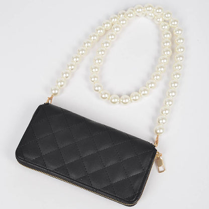 Faux Pearl Long Strap Crossbody Large Wallet