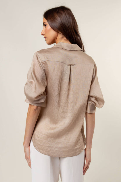 Pepper Pleated Short Sleeve Button-up Blouse