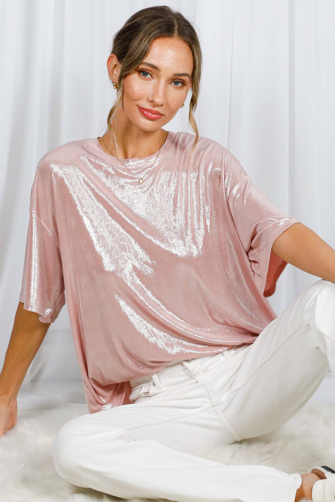 Crew Neck Metallic Foil Mardi Gras Knit Top