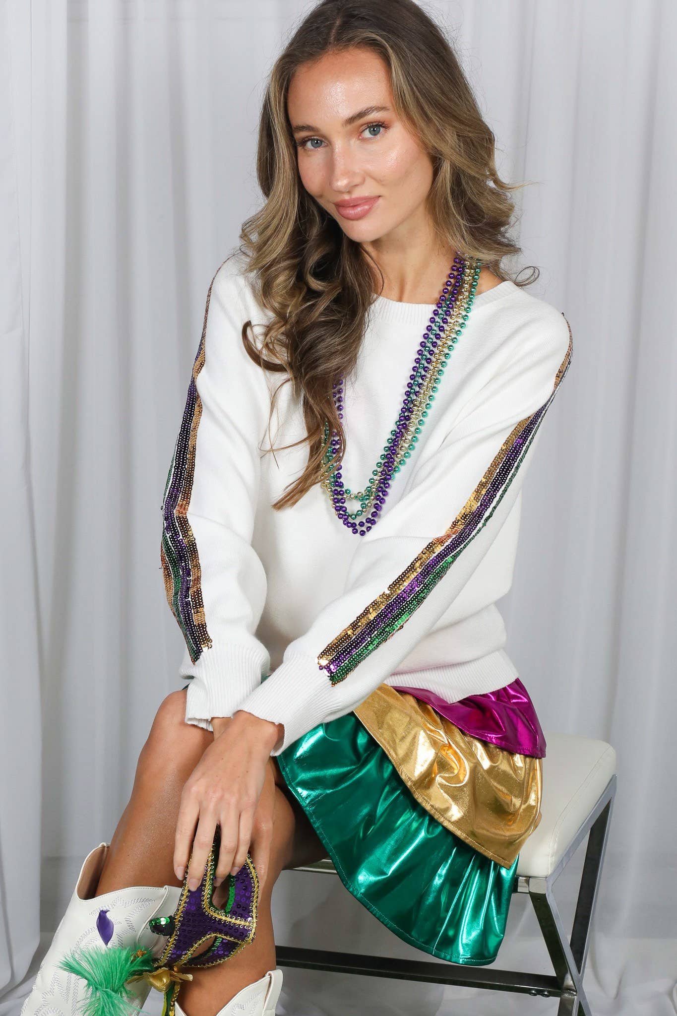 Mardi Gras Crew Neck Sequin Embellished Sweater VT82013A