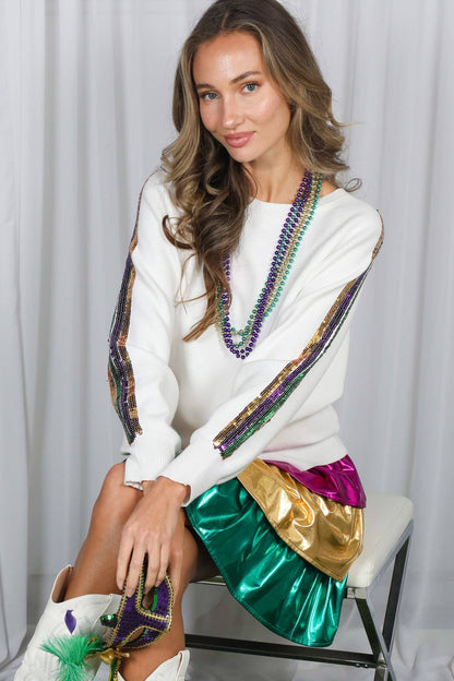 Mardi Gras Crew Neck Sequin Embellished Sweater VT82013A