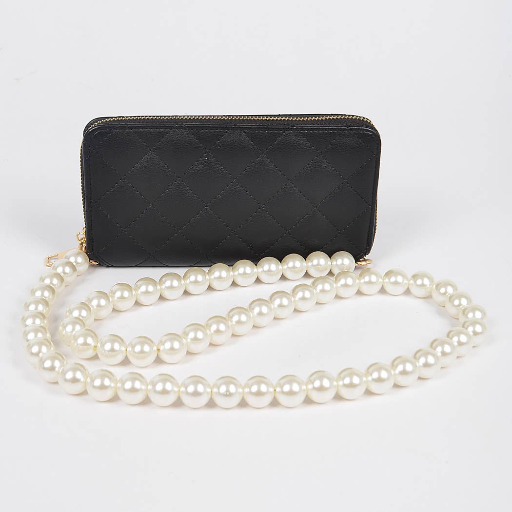 Faux Pearl Long Strap Crossbody Large Wallet