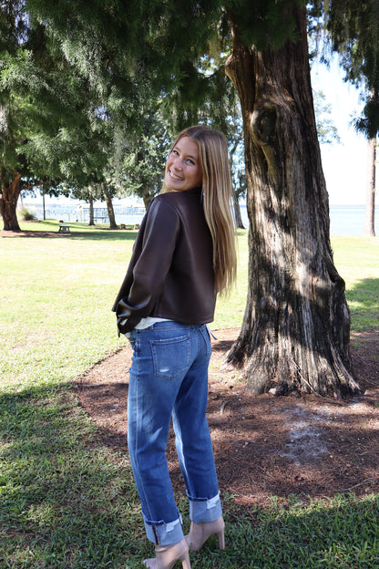 brown bomber jacket