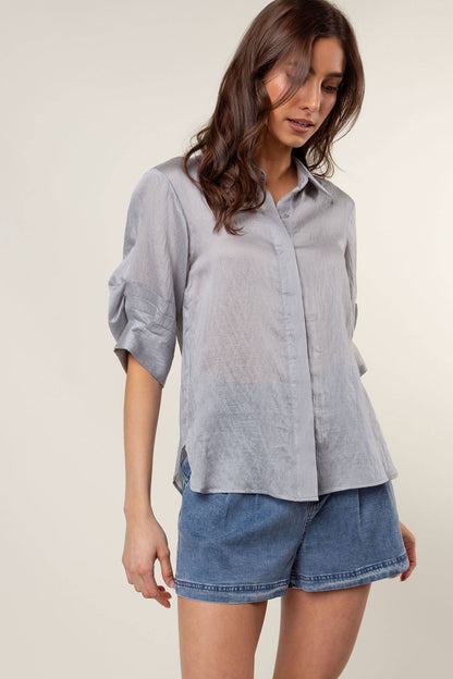 Pepper Pleated Short Sleeve Button-up Blouse