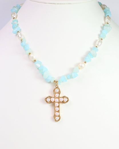 Ankara Mixed Bead Cross Necklace Gold