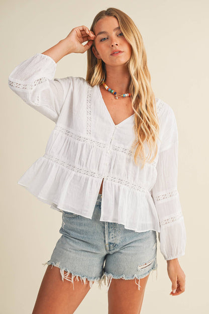 Lace Inset Gathered Peplum Blouse