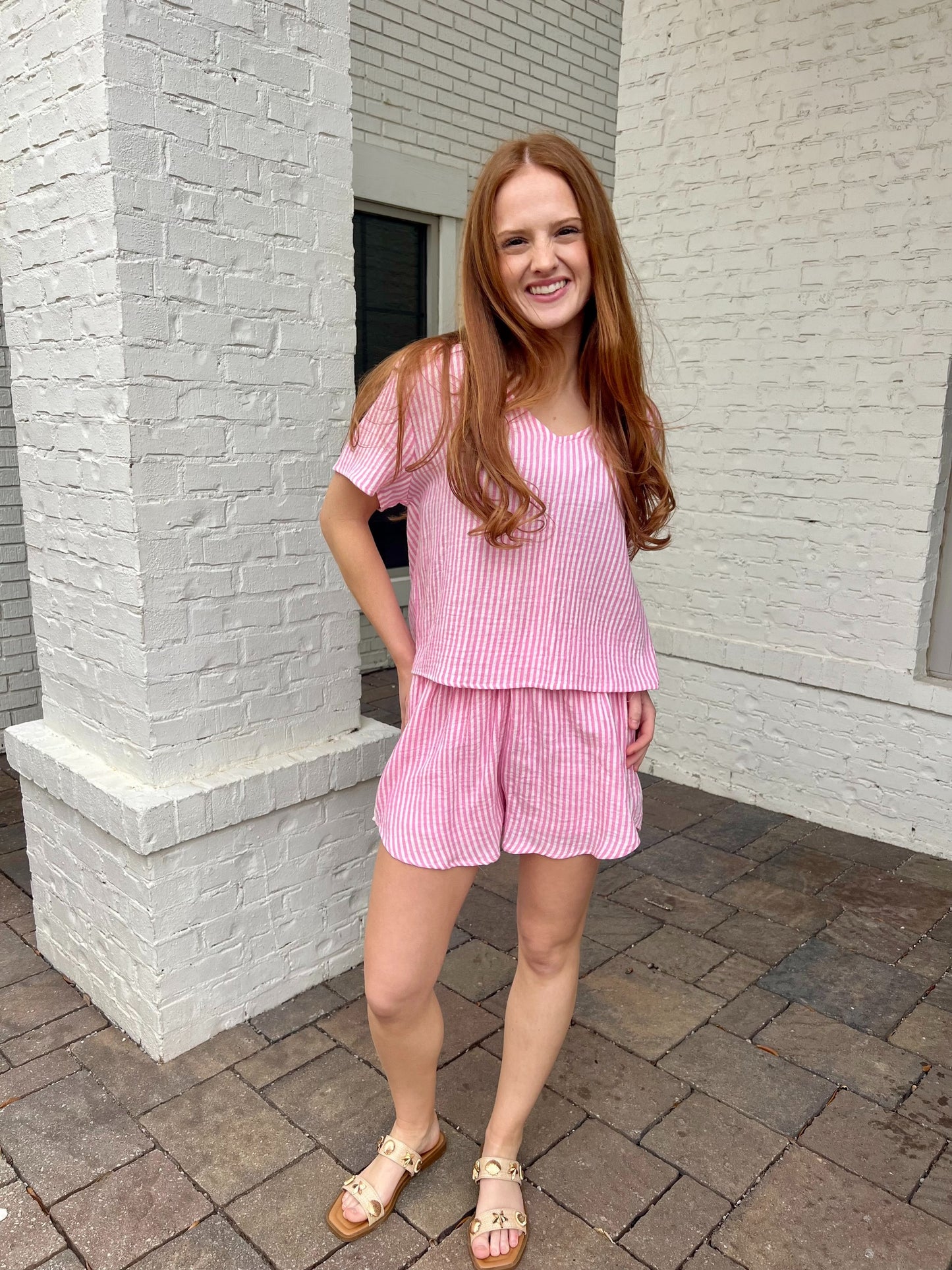 Pink Gauze Striped Set by Meet me in Santorini